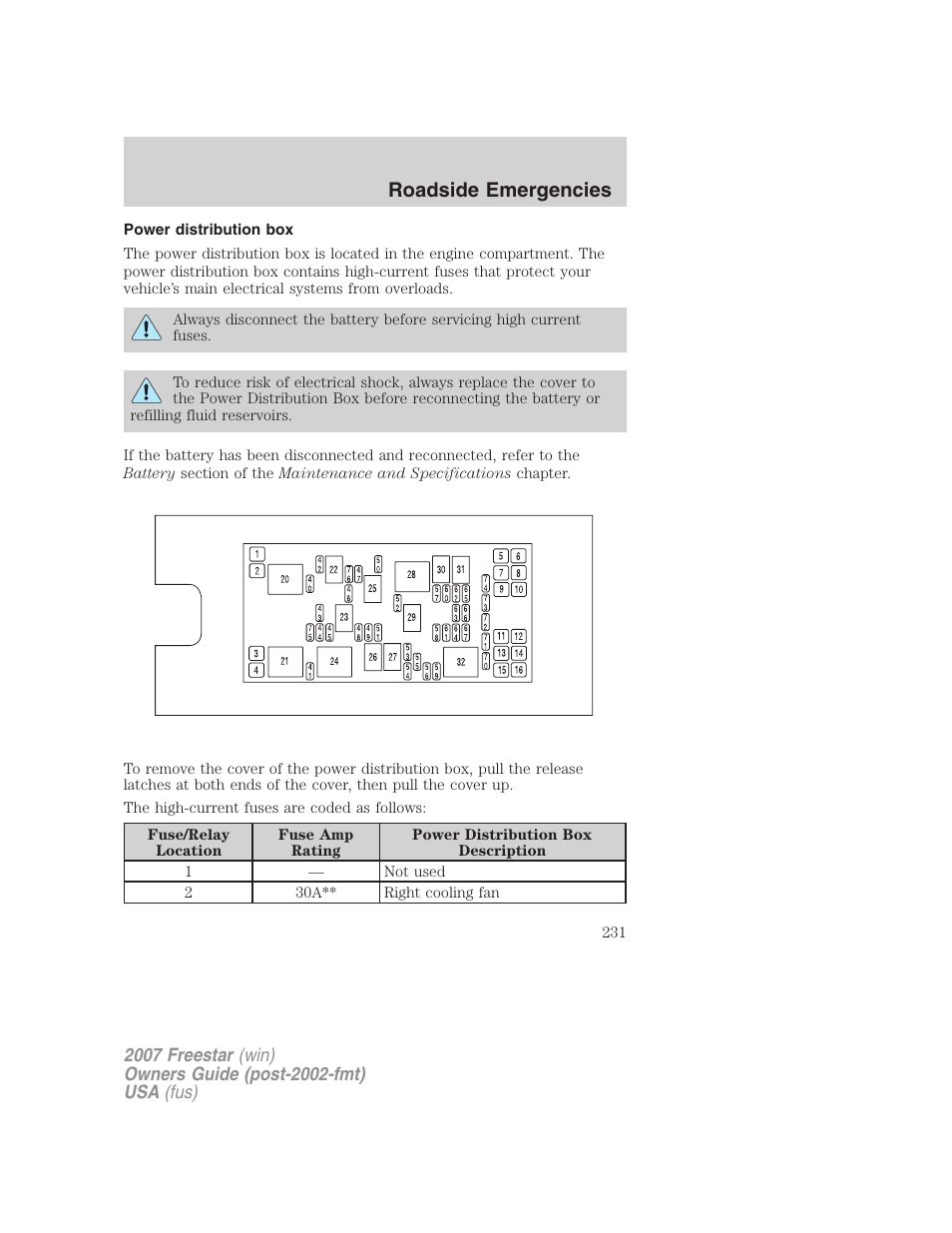 Power distribution box, Roadside emergencies | FORD 2007 Freestar v.1 User Manual | Page 231 / 312