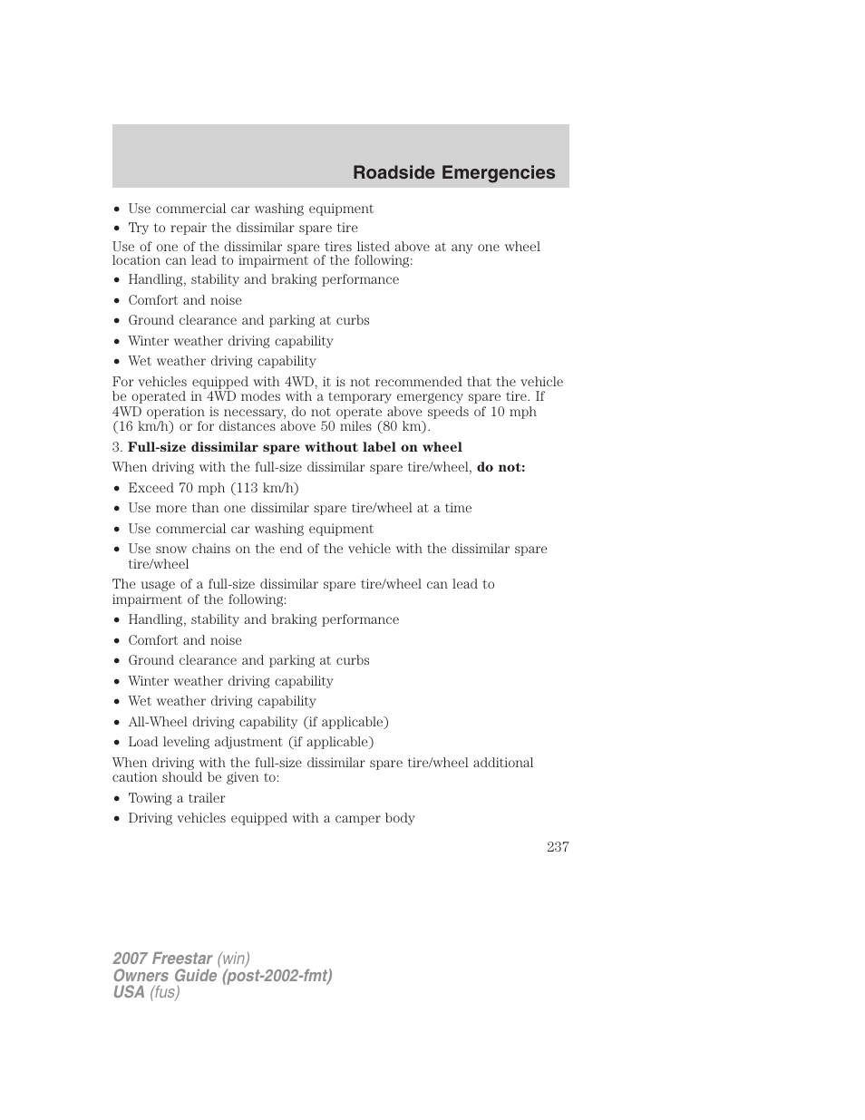 Roadside emergencies | FORD 2007 Freestar v.1 User Manual | Page 237 / 312