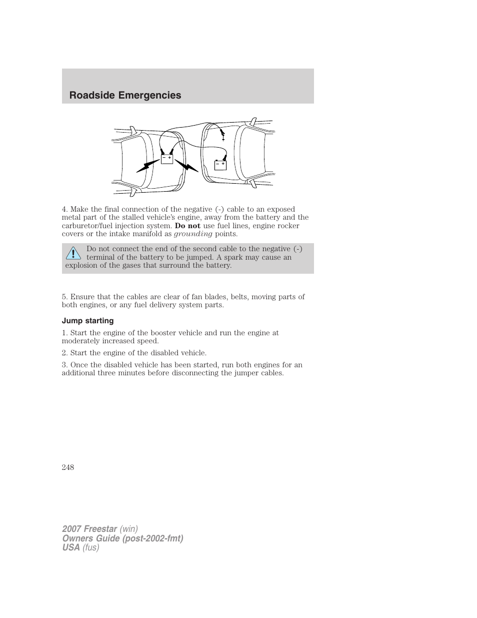Jump starting, Roadside emergencies | FORD 2007 Freestar v.1 User Manual | Page 248 / 312