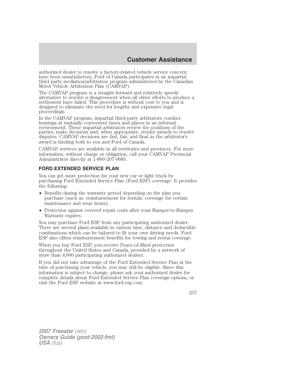 Ford extended service plan, Customer assistance | FORD 2007 Freestar v.1 User Manual | Page 257 / 312