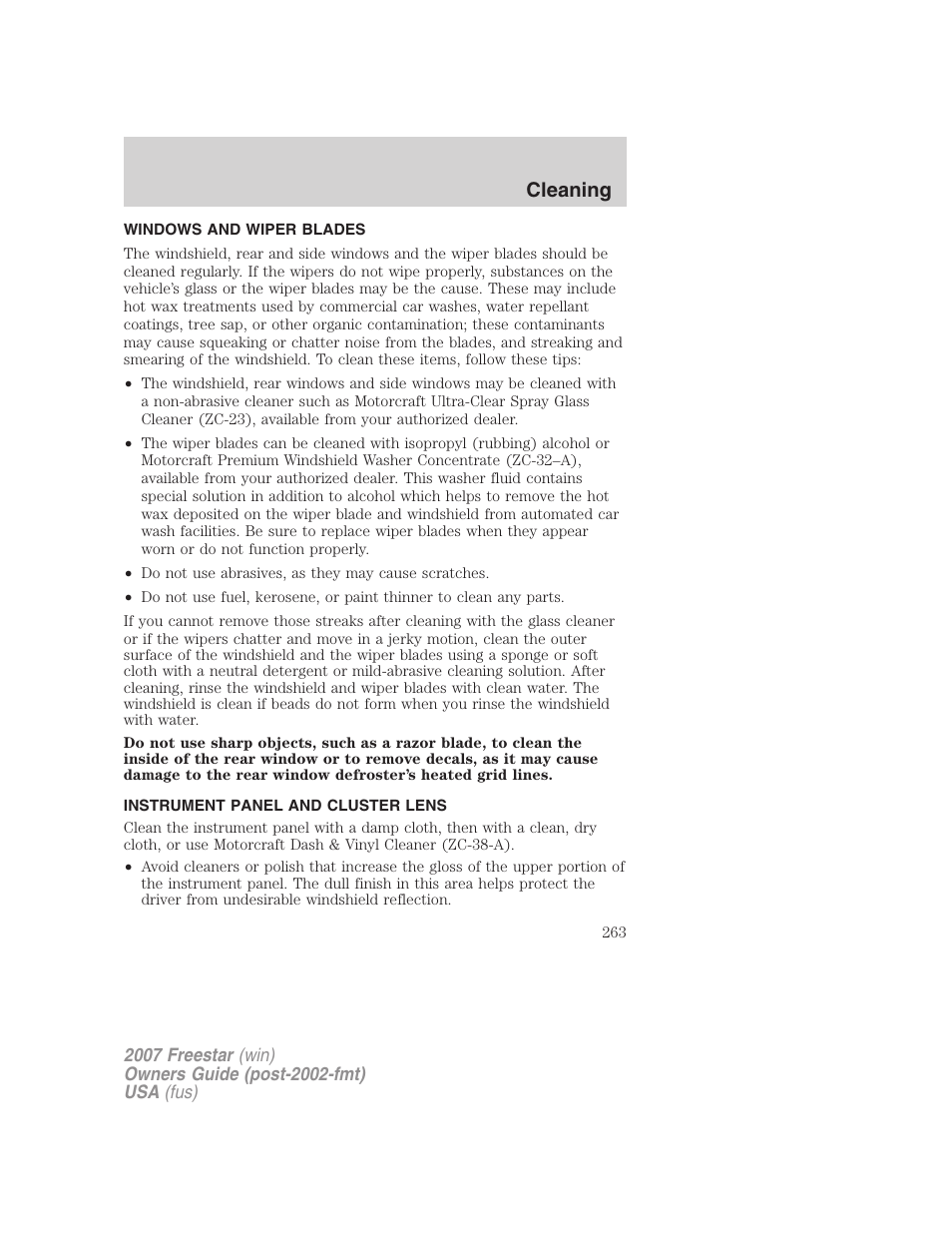 Windows and wiper blades, Instrument panel and cluster lens, Cleaning | FORD 2007 Freestar v.1 User Manual | Page 263 / 312
