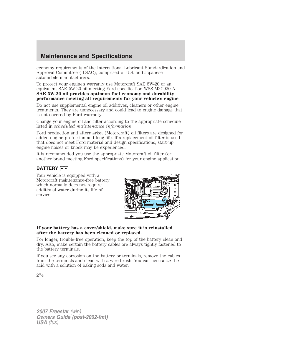 Battery, Maintenance and specifications | FORD 2007 Freestar v.1 User Manual | Page 274 / 312