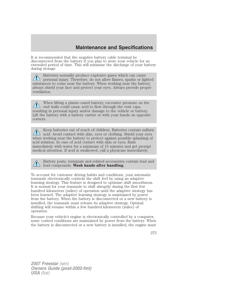 Maintenance and specifications | FORD 2007 Freestar v.1 User Manual | Page 275 / 312