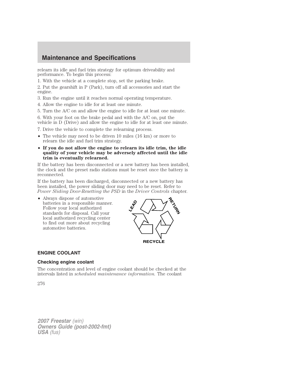 Engine coolant, Checking engine coolant, Maintenance and specifications | FORD 2007 Freestar v.1 User Manual | Page 276 / 312