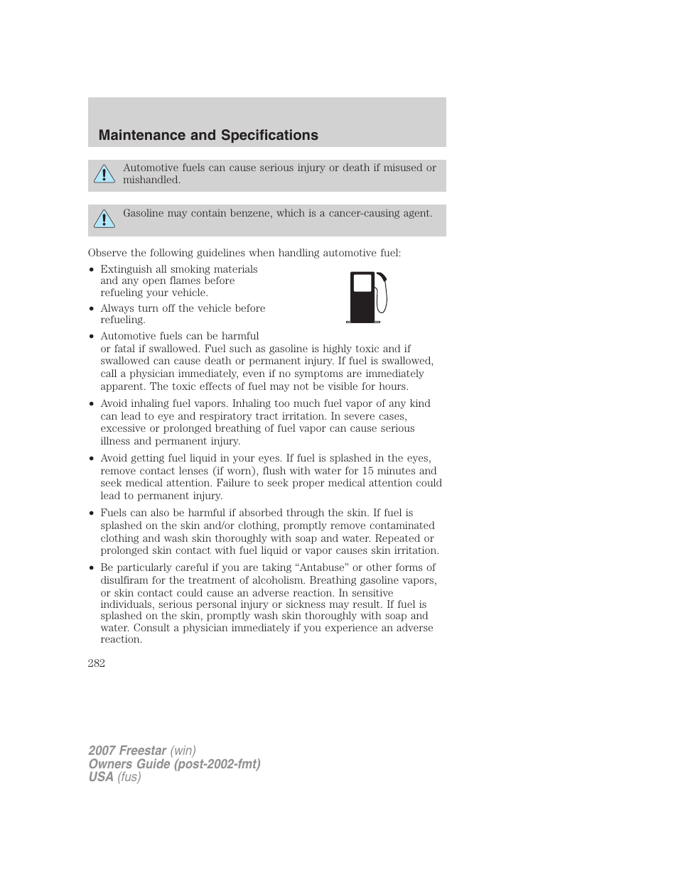 Maintenance and specifications | FORD 2007 Freestar v.1 User Manual | Page 282 / 312