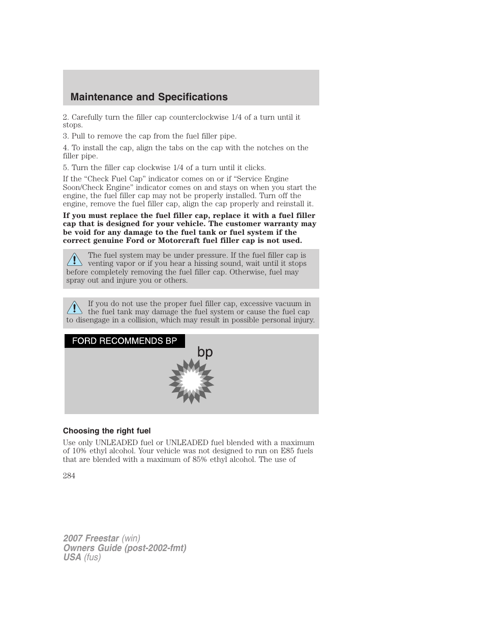 Choosing the right fuel, Maintenance and specifications | FORD 2007 Freestar v.1 User Manual | Page 284 / 312