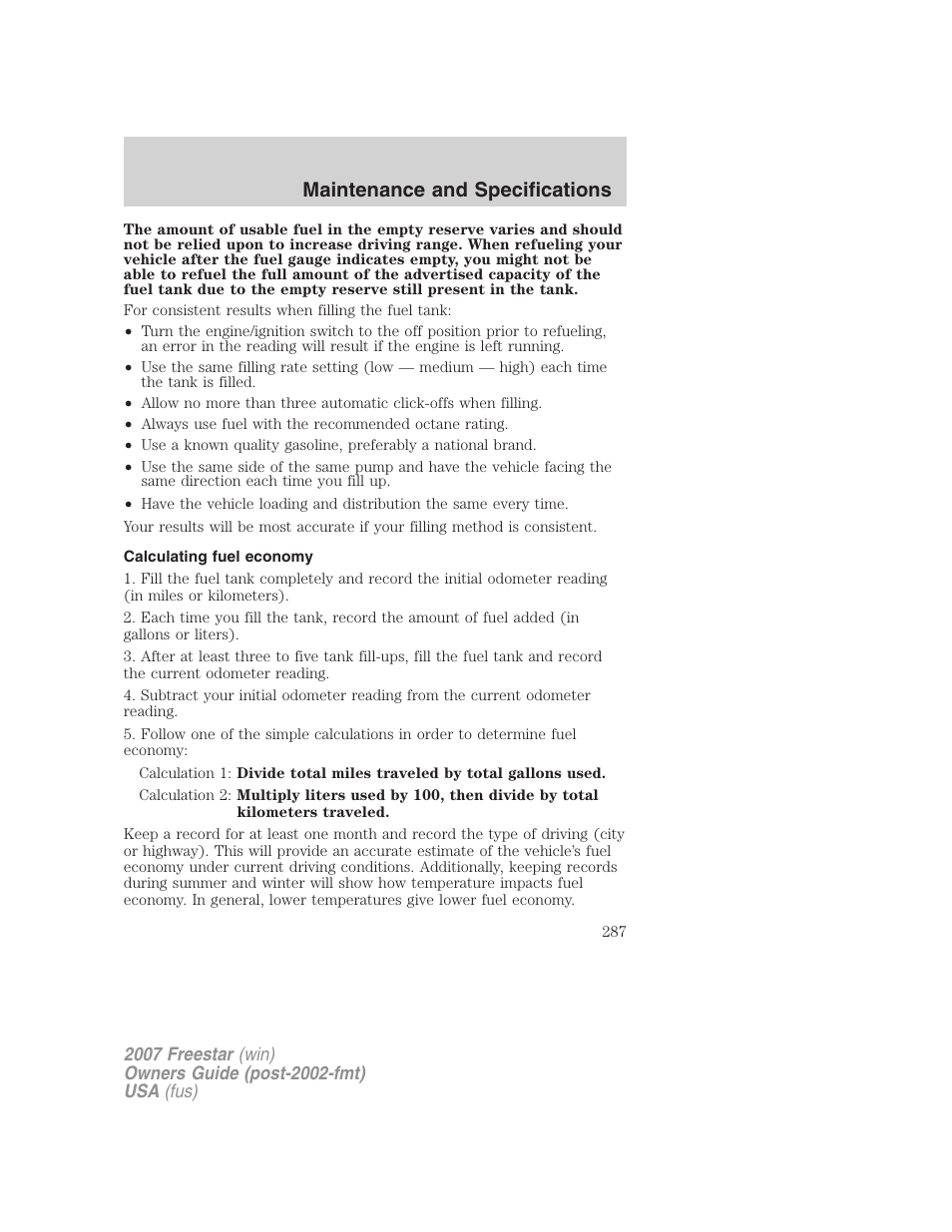 Calculating fuel economy, Maintenance and specifications | FORD 2007 Freestar v.1 User Manual | Page 287 / 312
