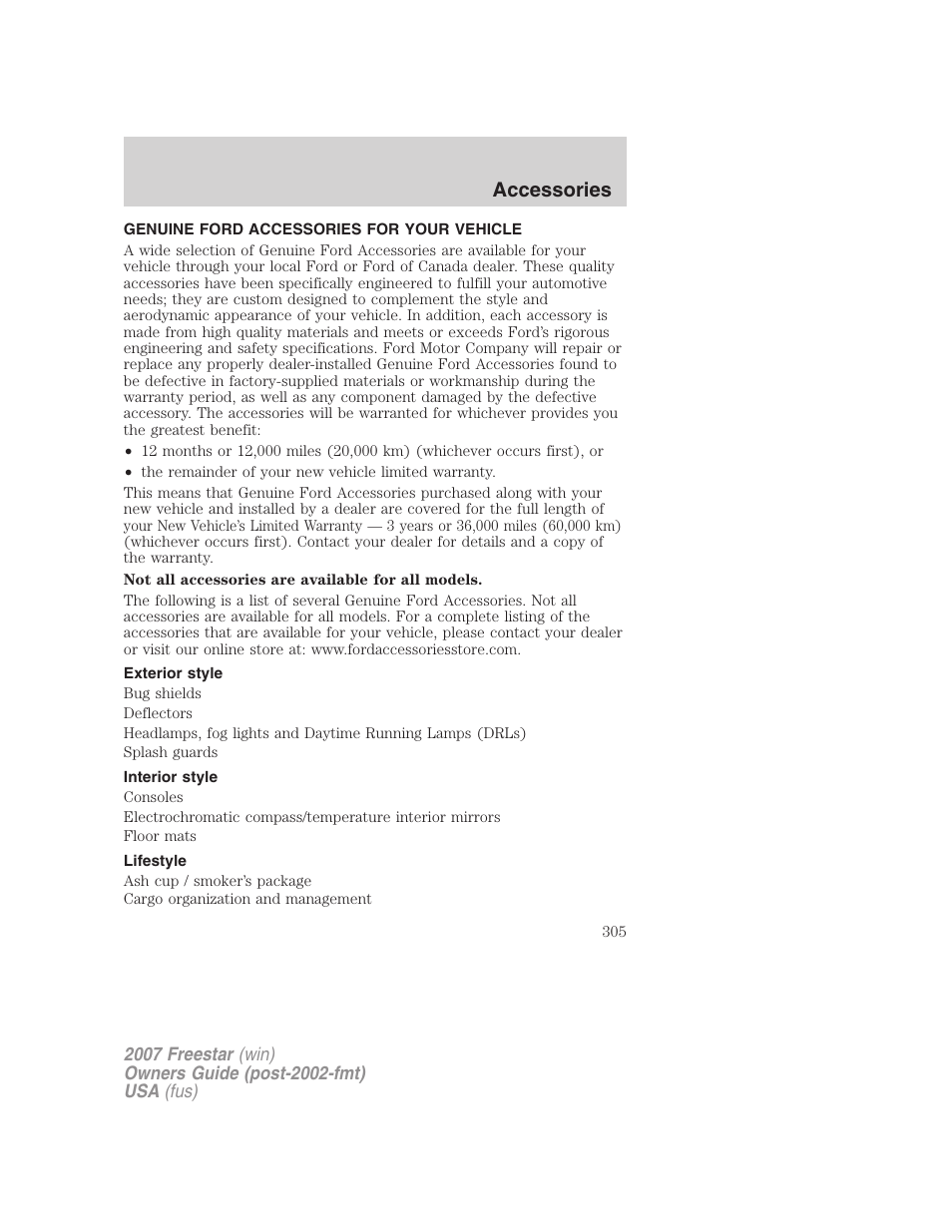 Accessories, Genuine ford accessories for your vehicle, Exterior style | Interior style, Lifestyle | FORD 2007 Freestar v.1 User Manual | Page 305 / 312