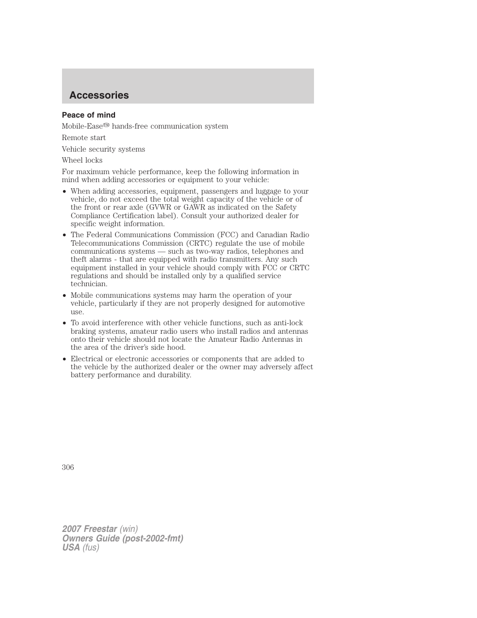 Peace of mind, Accessories | FORD 2007 Freestar v.1 User Manual | Page 306 / 312