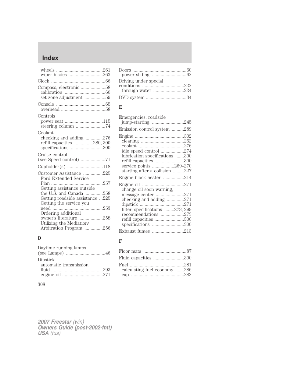 Index | FORD 2007 Freestar v.1 User Manual | Page 308 / 312