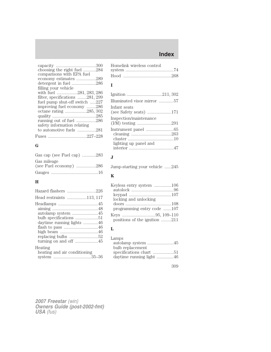 Index | FORD 2007 Freestar v.1 User Manual | Page 309 / 312