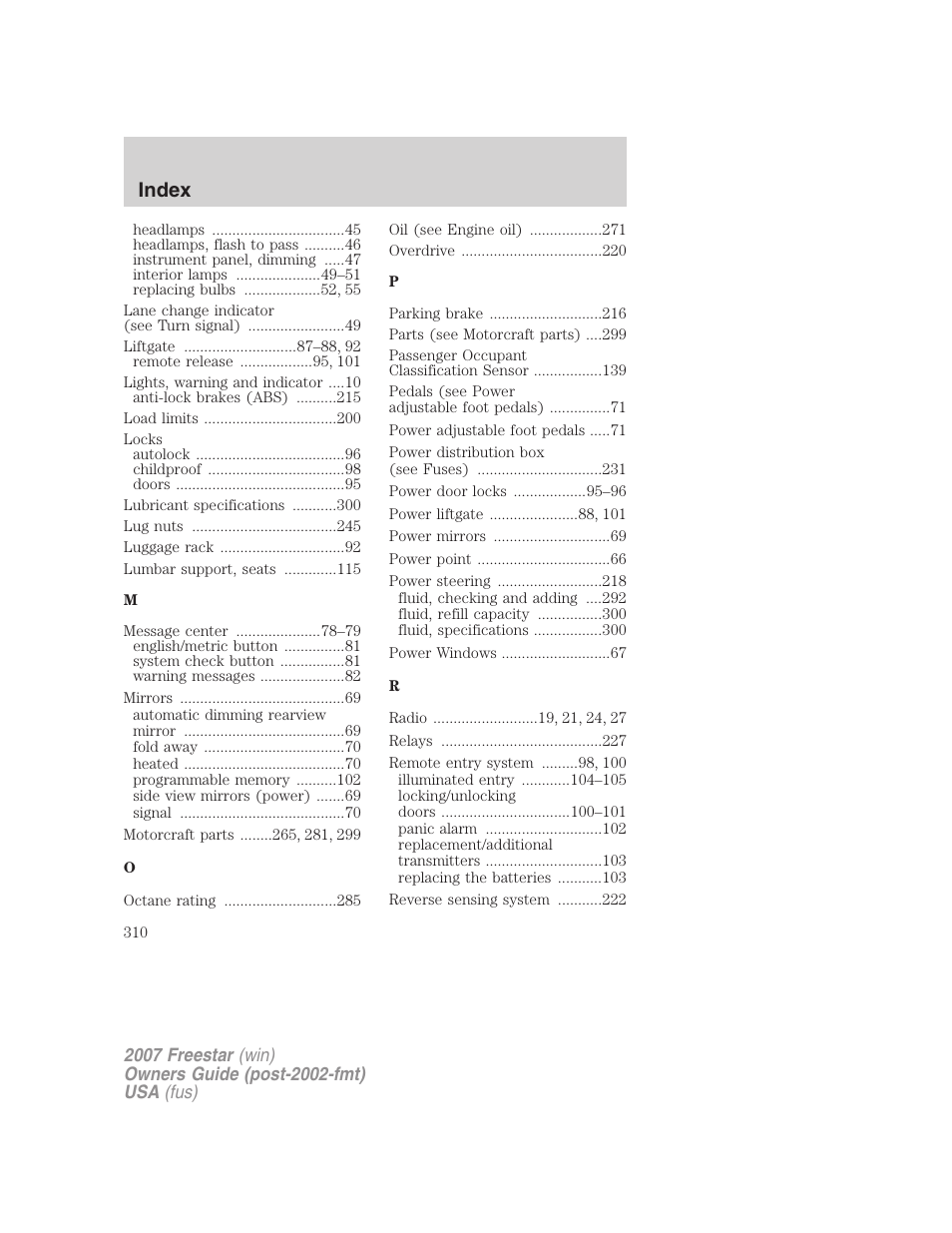 Index | FORD 2007 Freestar v.1 User Manual | Page 310 / 312
