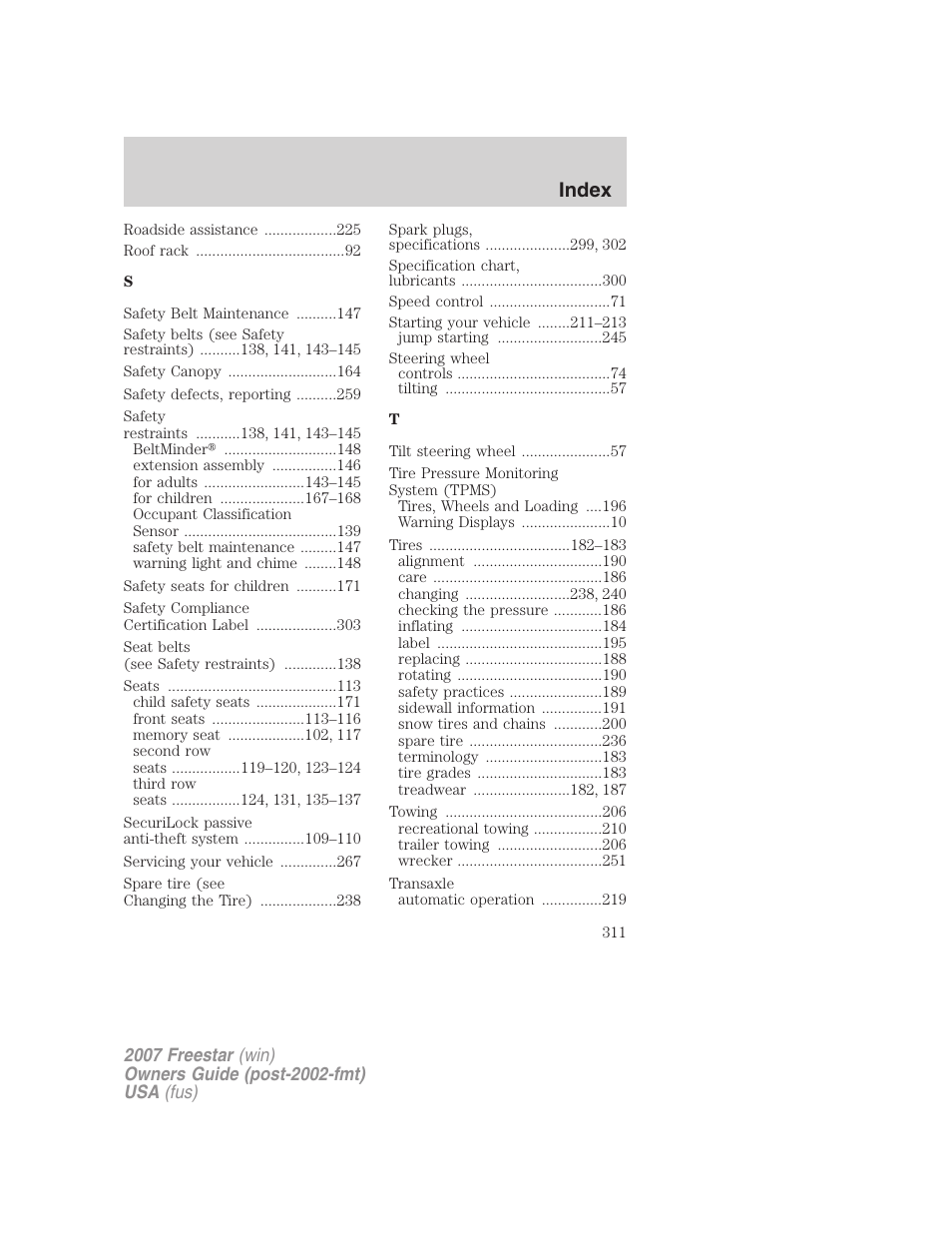 Index | FORD 2007 Freestar v.1 User Manual | Page 311 / 312