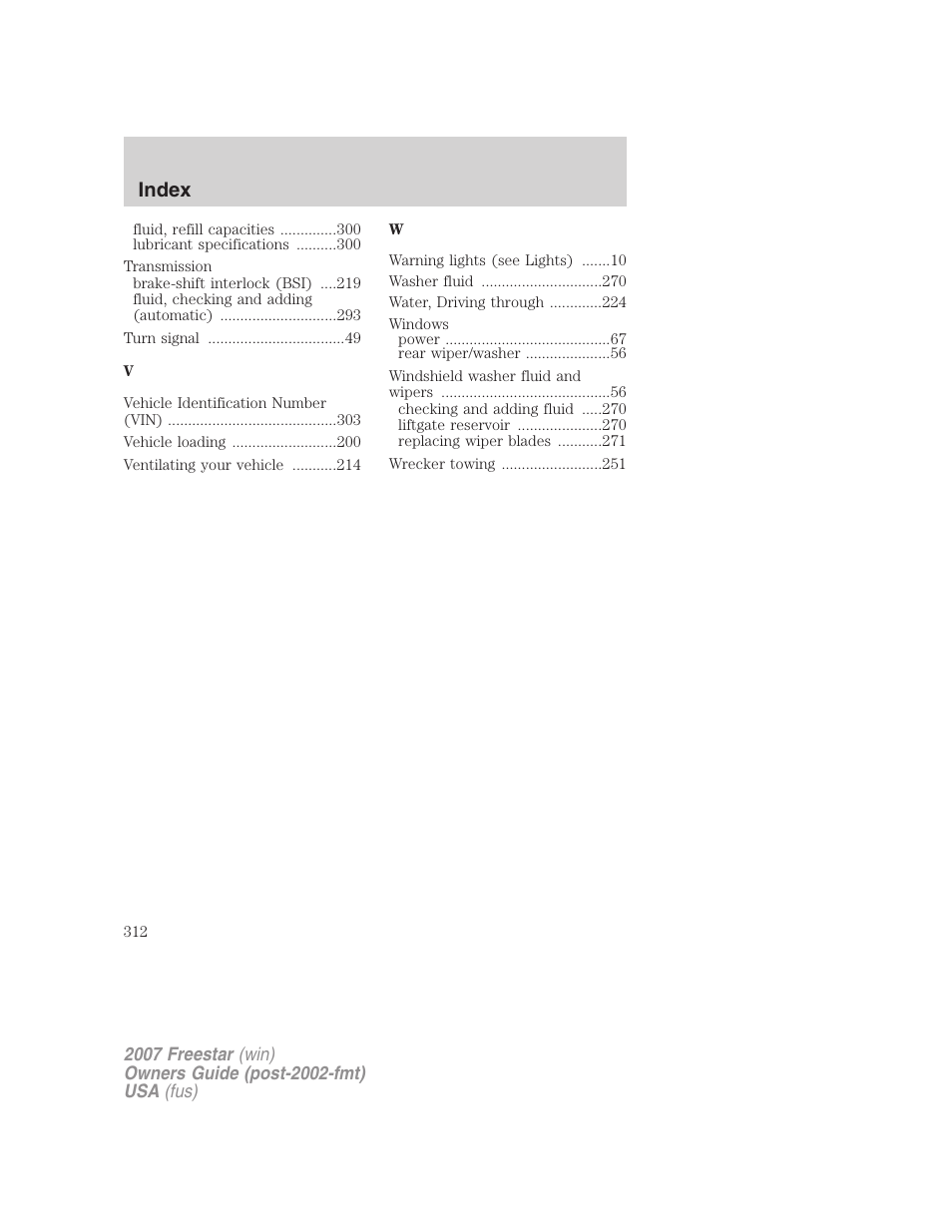 Index | FORD 2007 Freestar v.1 User Manual | Page 312 / 312