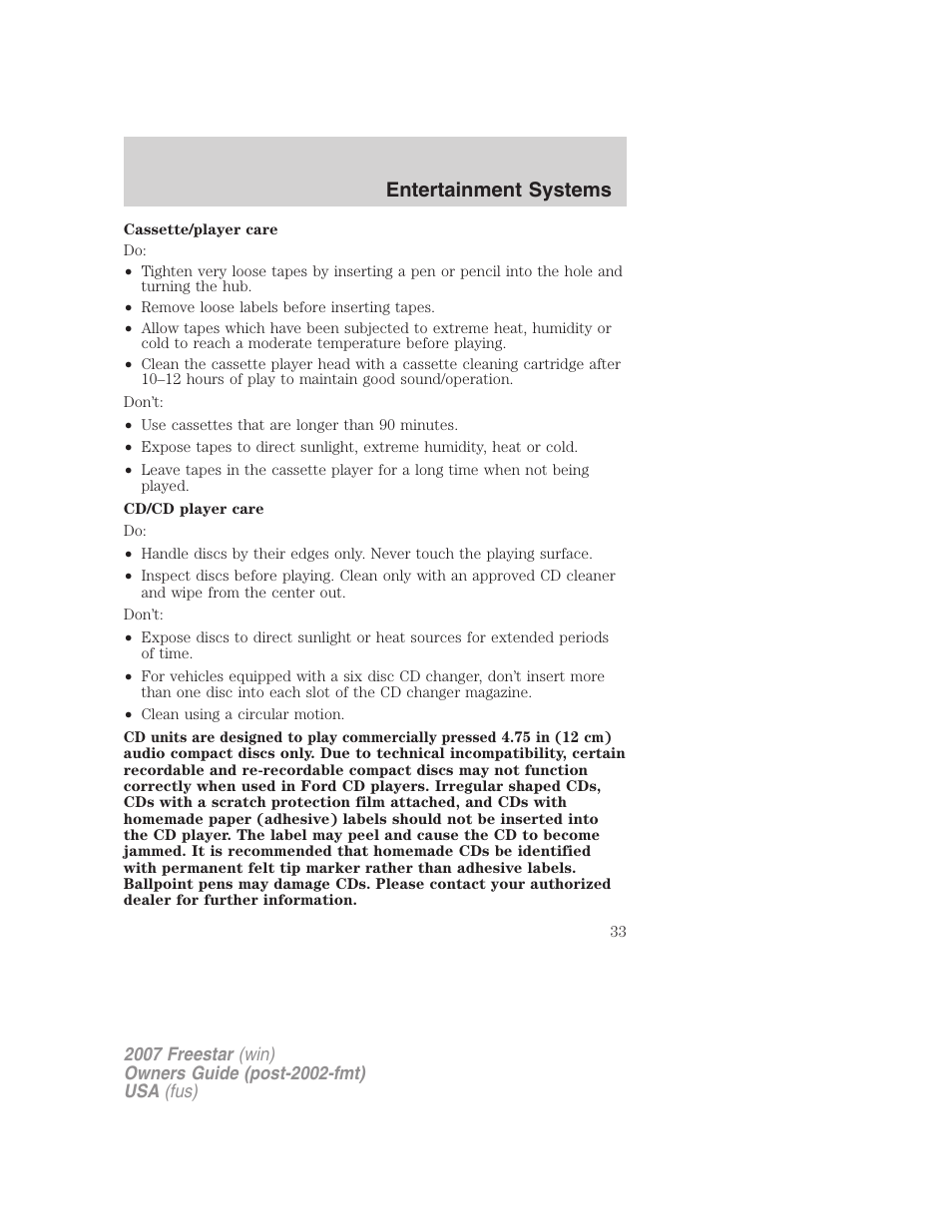 Entertainment systems | FORD 2007 Freestar v.1 User Manual | Page 33 / 312