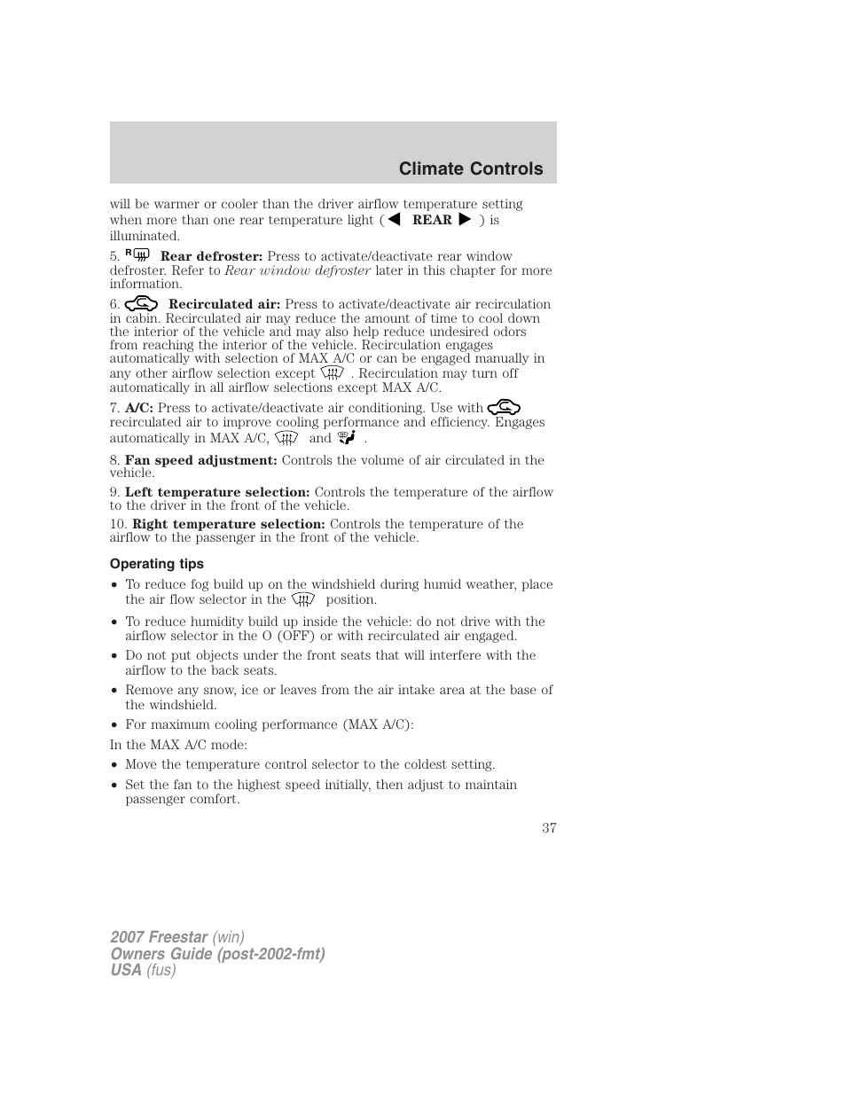 Operating tips, Climate controls | FORD 2007 Freestar v.1 User Manual | Page 37 / 312
