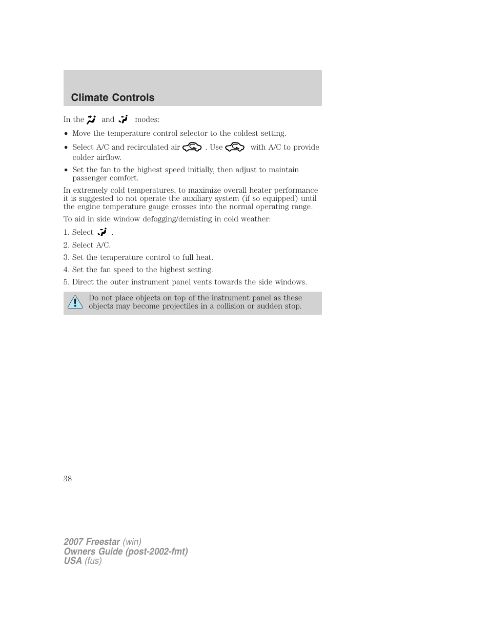 Climate controls | FORD 2007 Freestar v.1 User Manual | Page 38 / 312