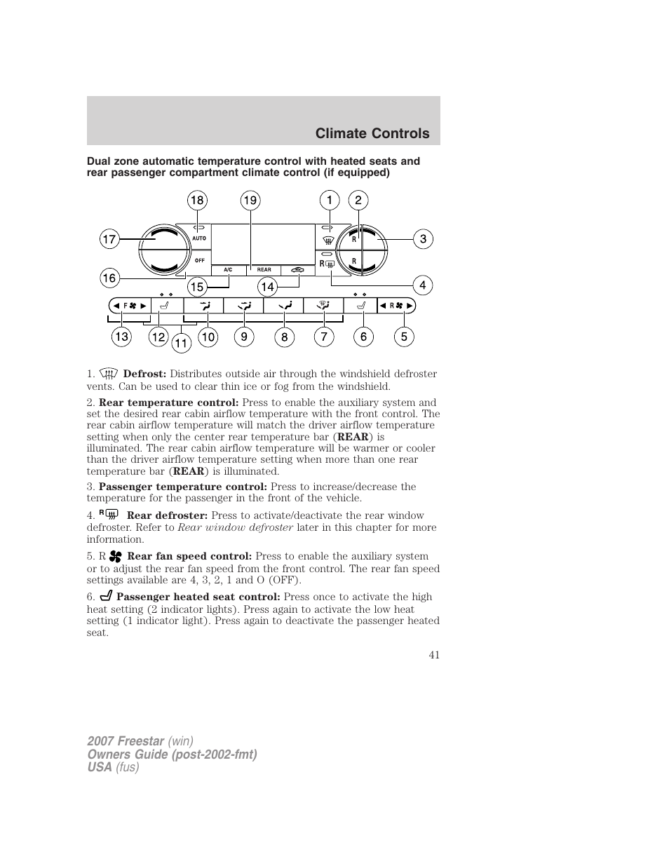 Climate controls | FORD 2007 Freestar v.1 User Manual | Page 41 / 312
