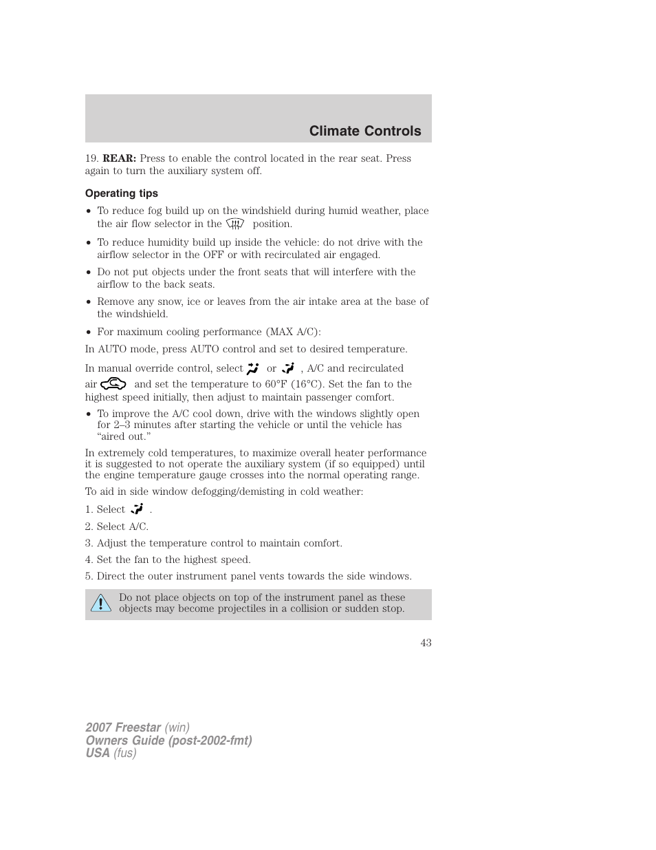Operating tips, Climate controls | FORD 2007 Freestar v.1 User Manual | Page 43 / 312