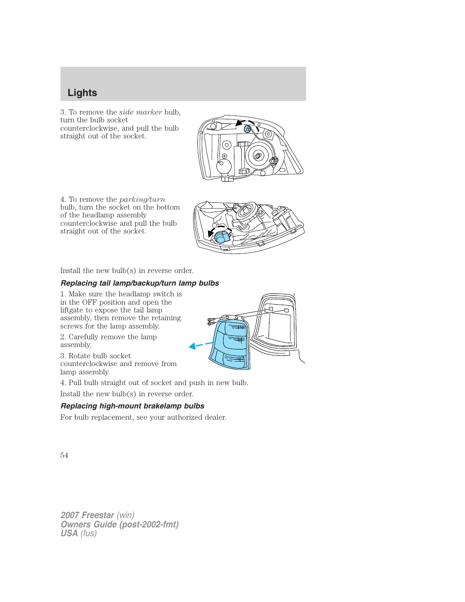 Replacing tail lamp/backup/turn lamp bulbs, Replacing high-mount brakelamp bulbs, Lights | FORD 2007 Freestar v.1 User Manual | Page 54 / 312