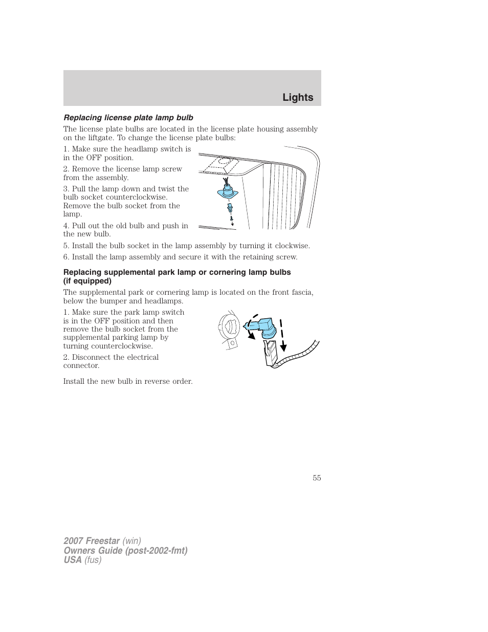 Replacing license plate lamp bulb, Lights | FORD 2007 Freestar v.1 User Manual | Page 55 / 312