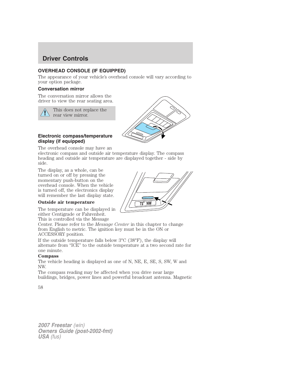 Overhead console (if equipped), Conversation mirror, Driver controls | FORD 2007 Freestar v.1 User Manual | Page 58 / 312