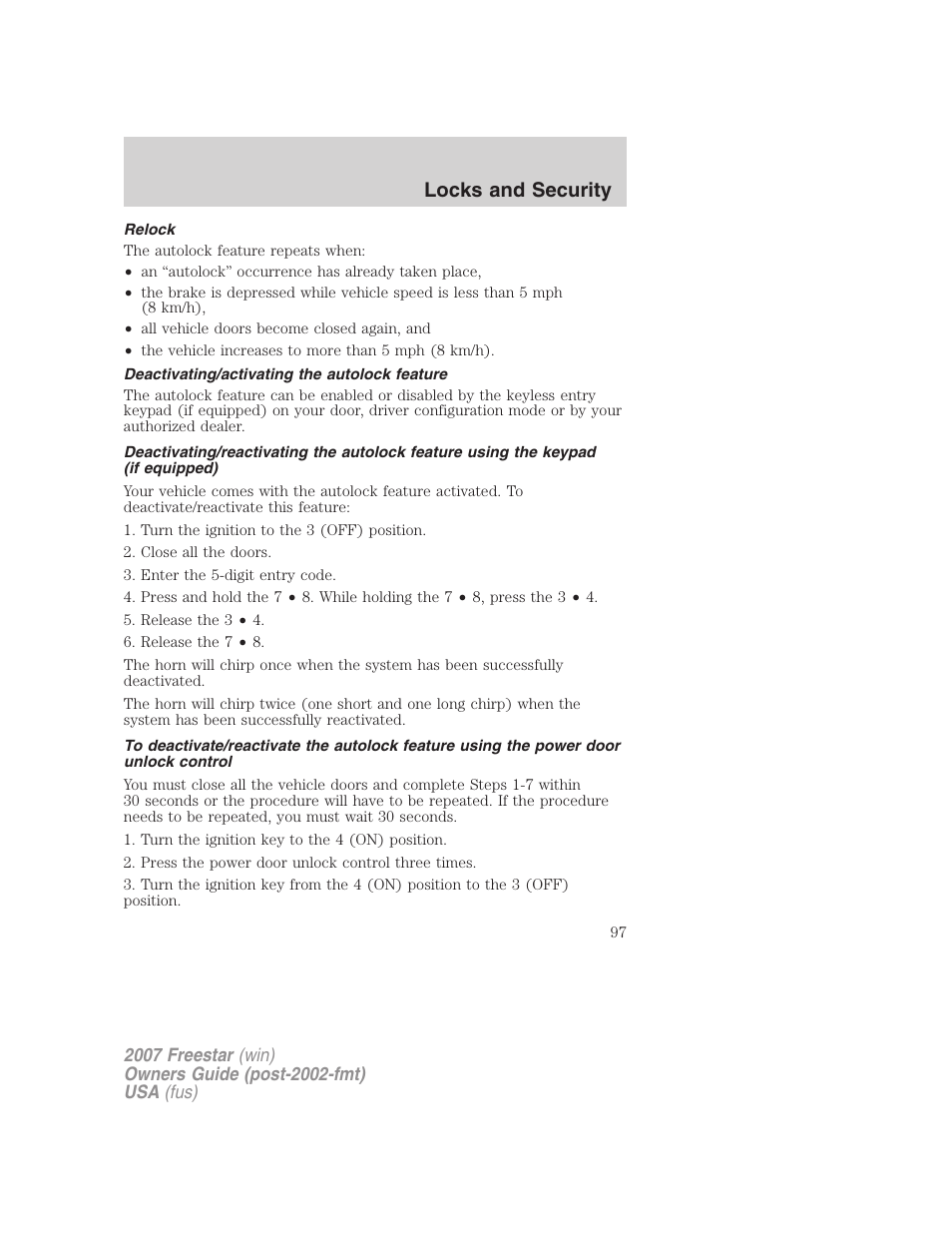 Relock, Deactivating/activating the autolock feature, Locks and security | FORD 2007 Freestar v.1 User Manual | Page 97 / 312