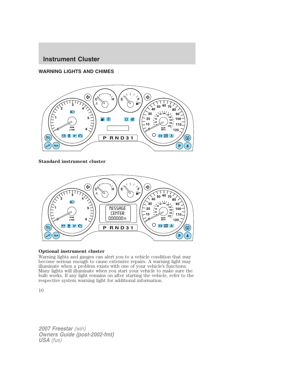 Instrument cluster, Warning lights and chimes | FORD 2007 Freestar v.2 User Manual | Page 10 / 320