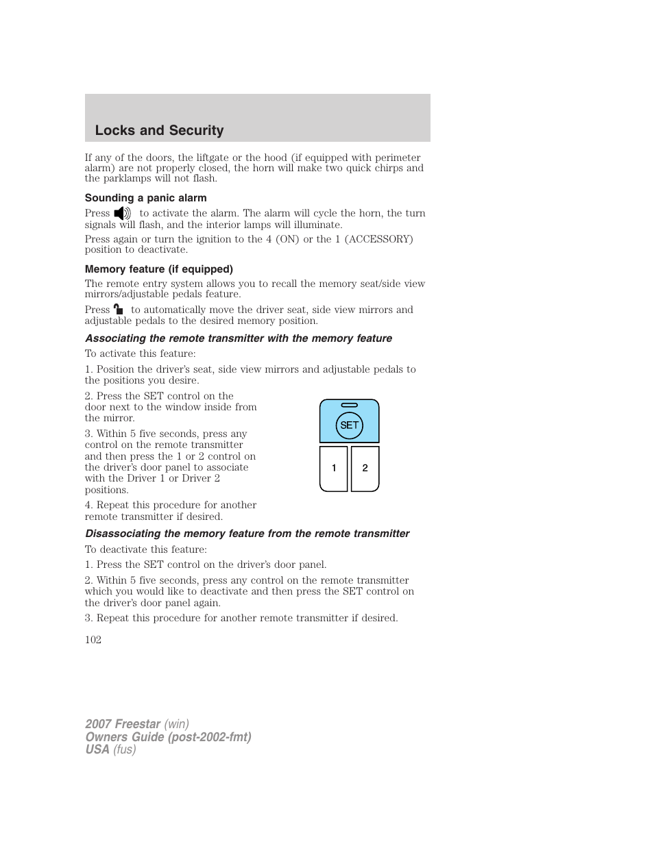 Sounding a panic alarm, Memory feature (if equipped), Locks and security | FORD 2007 Freestar v.2 User Manual | Page 102 / 320