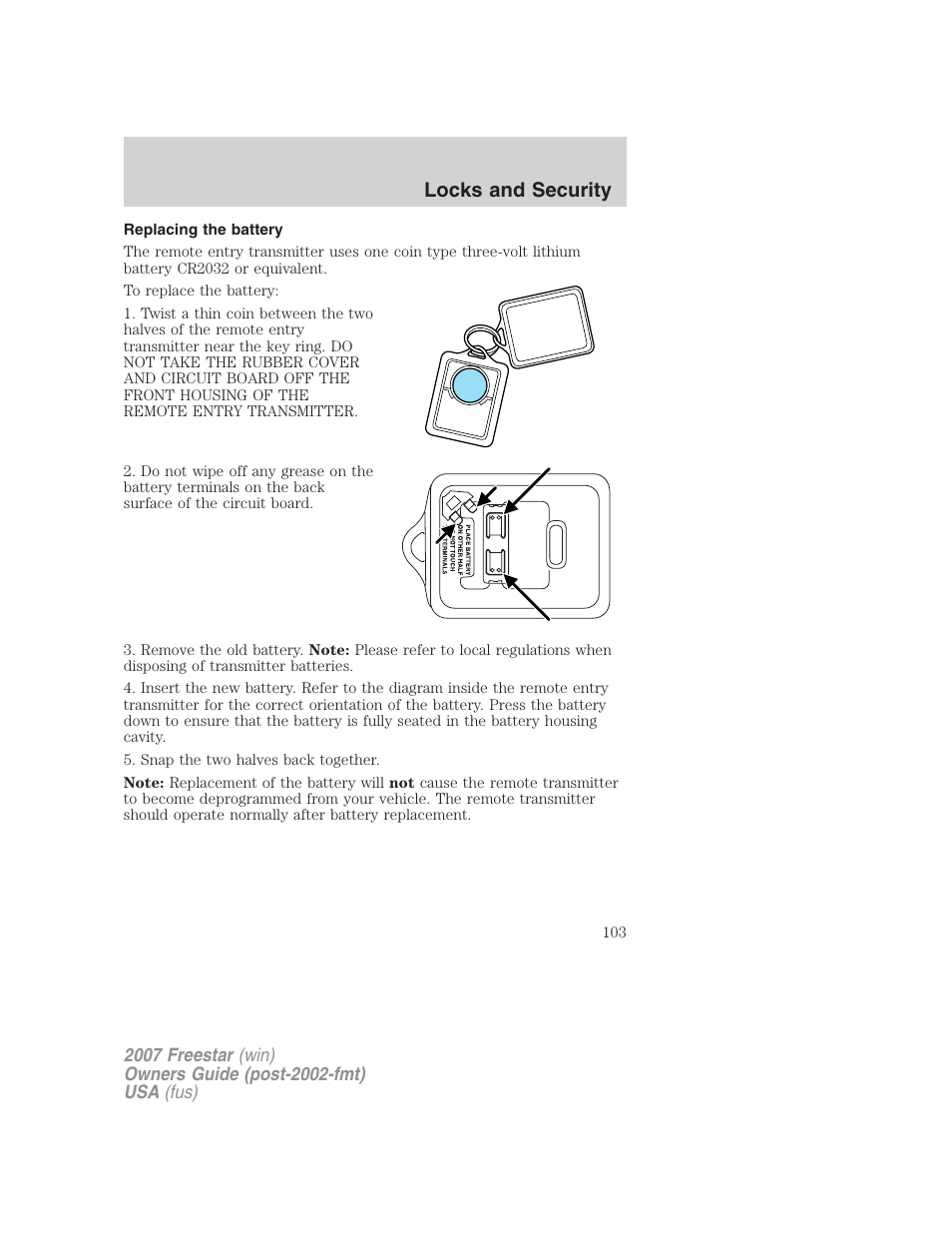 Replacing the battery, Locks and security | FORD 2007 Freestar v.2 User Manual | Page 103 / 320