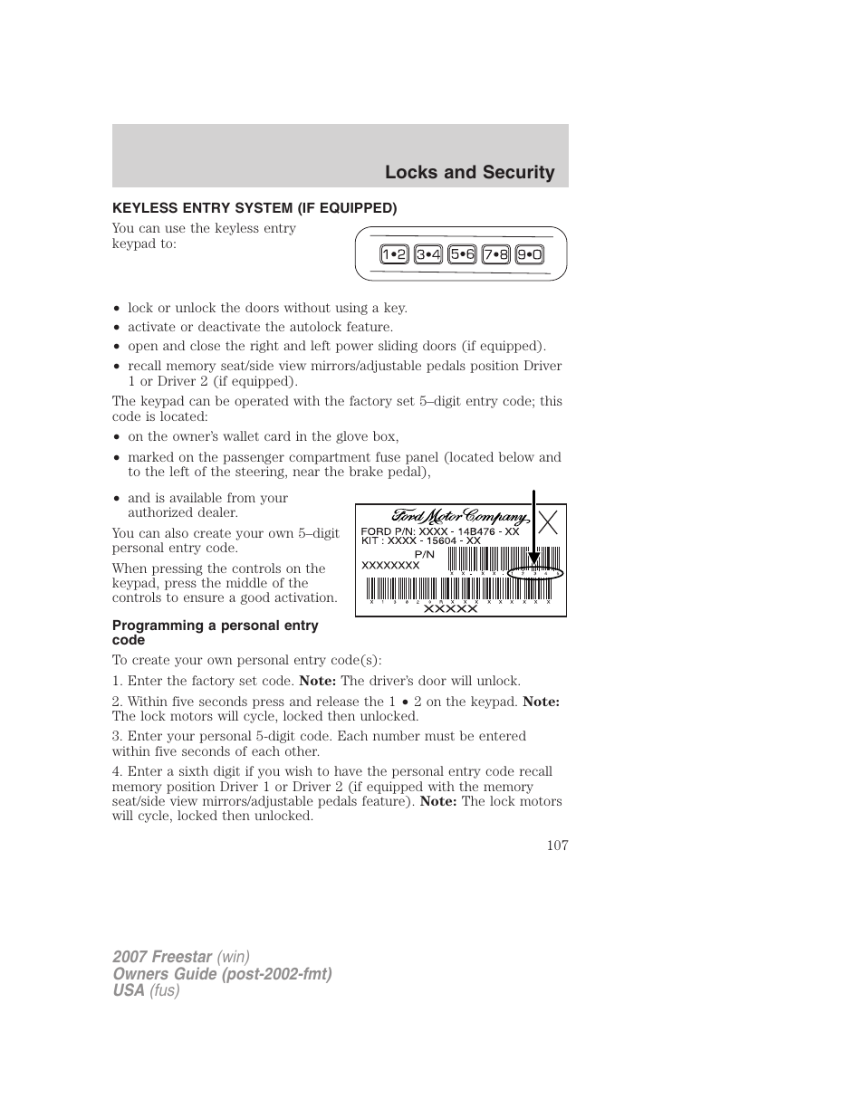 Keyless entry system (if equipped), Programming a personal entry code, Locks and security | FORD 2007 Freestar v.2 User Manual | Page 107 / 320