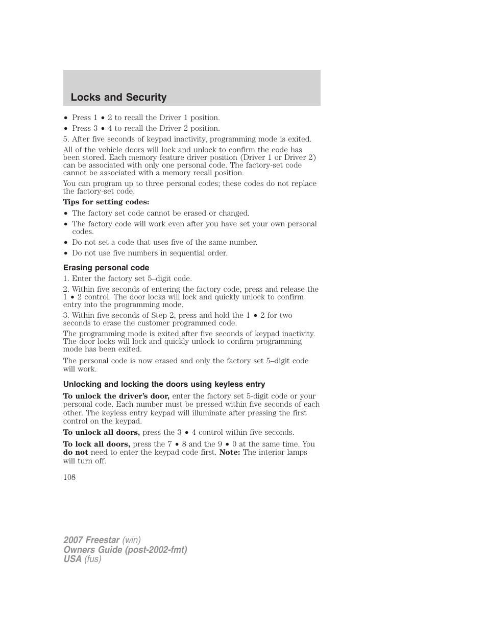 Erasing personal code, Locks and security | FORD 2007 Freestar v.2 User Manual | Page 108 / 320