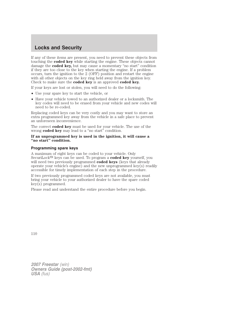 Programming spare keys, Locks and security | FORD 2007 Freestar v.2 User Manual | Page 110 / 320