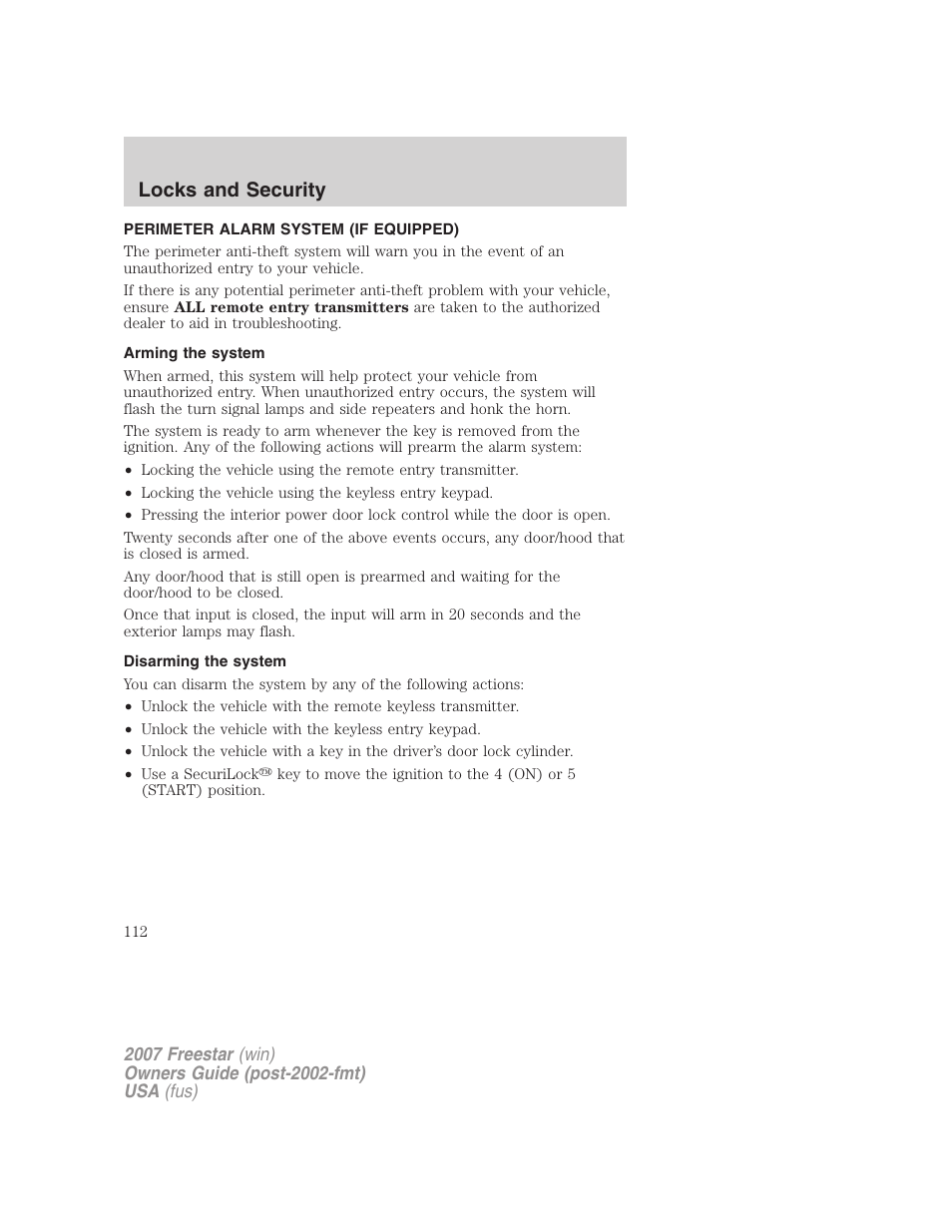 Perimeter alarm system (if equipped), Arming the system, Disarming the system | Locks and security | FORD 2007 Freestar v.2 User Manual | Page 112 / 320