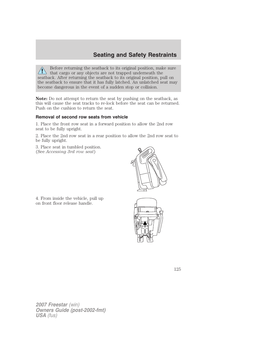 Removal of second row seats from vehicle, Seating and safety restraints | FORD 2007 Freestar v.2 User Manual | Page 125 / 320