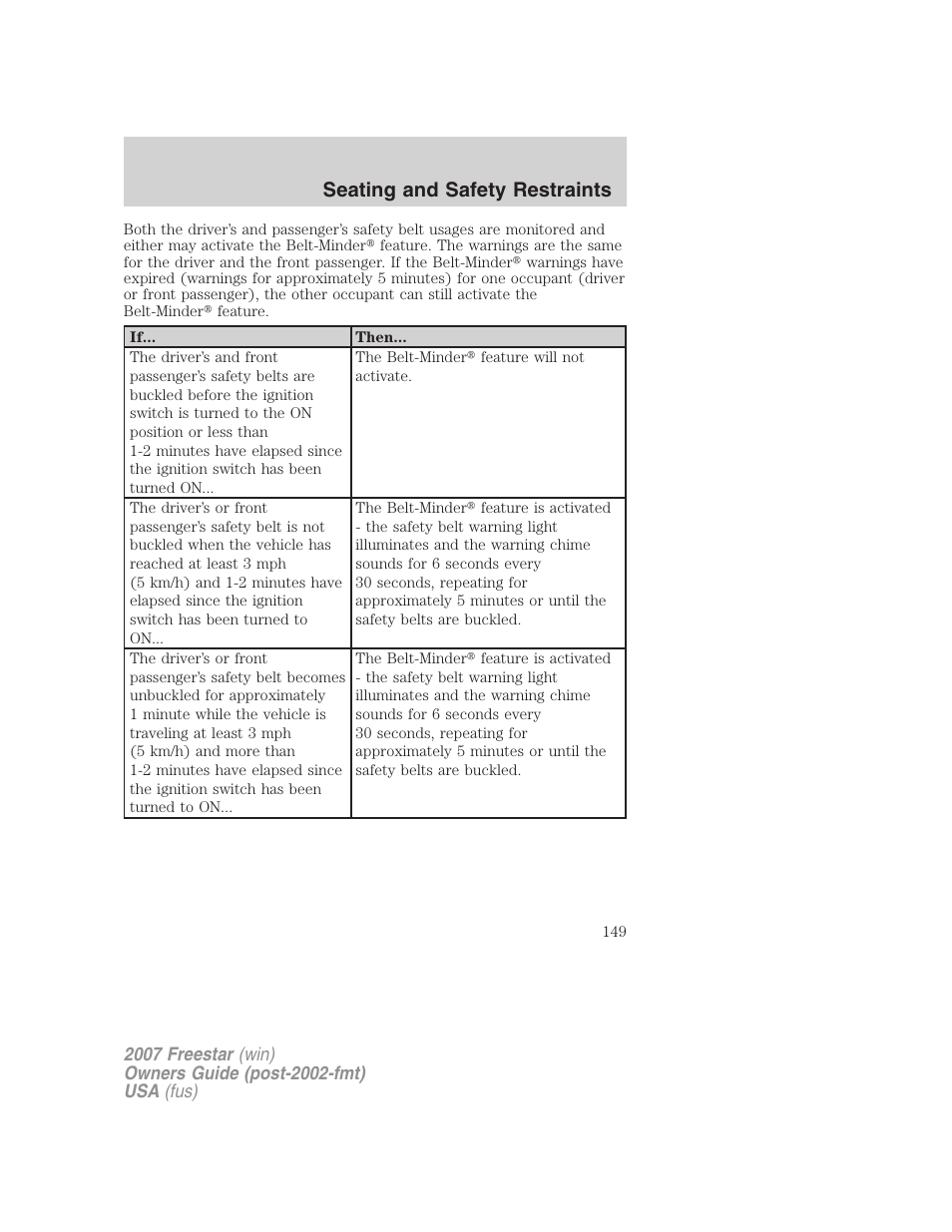 Seating and safety restraints | FORD 2007 Freestar v.2 User Manual | Page 149 / 320