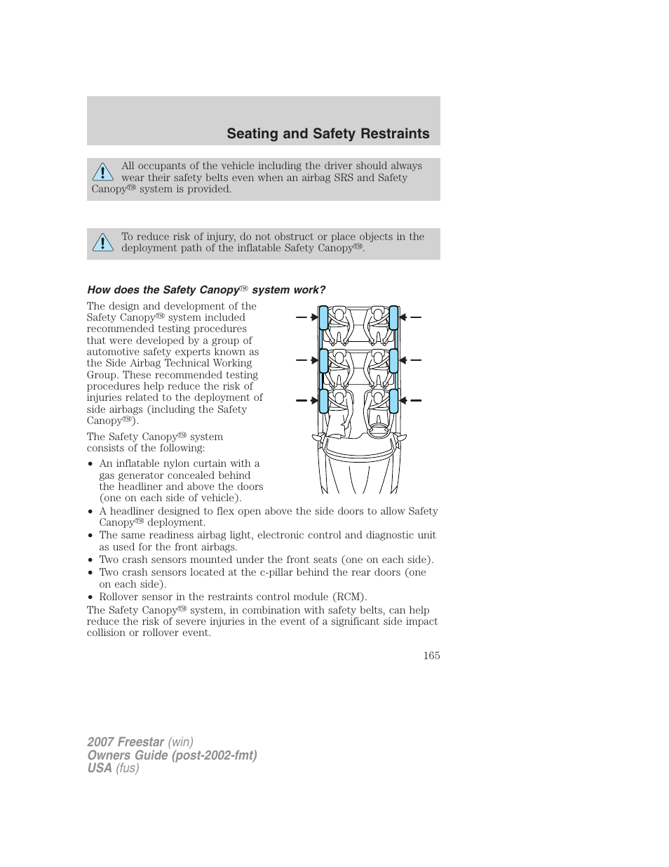 How does the safety canopy system work, Seating and safety restraints | FORD 2007 Freestar v.2 User Manual | Page 165 / 320