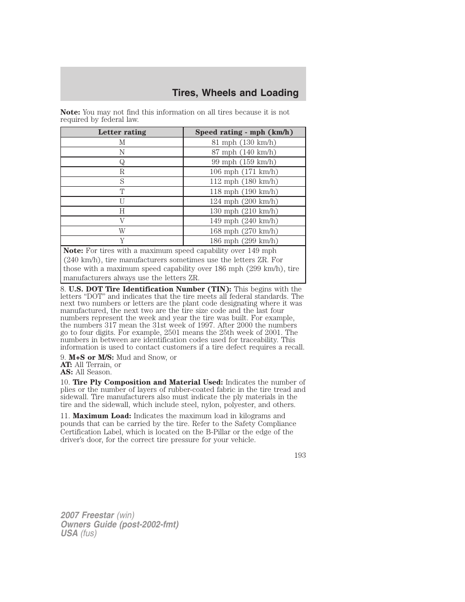 Tires, wheels and loading | FORD 2007 Freestar v.2 User Manual | Page 193 / 320