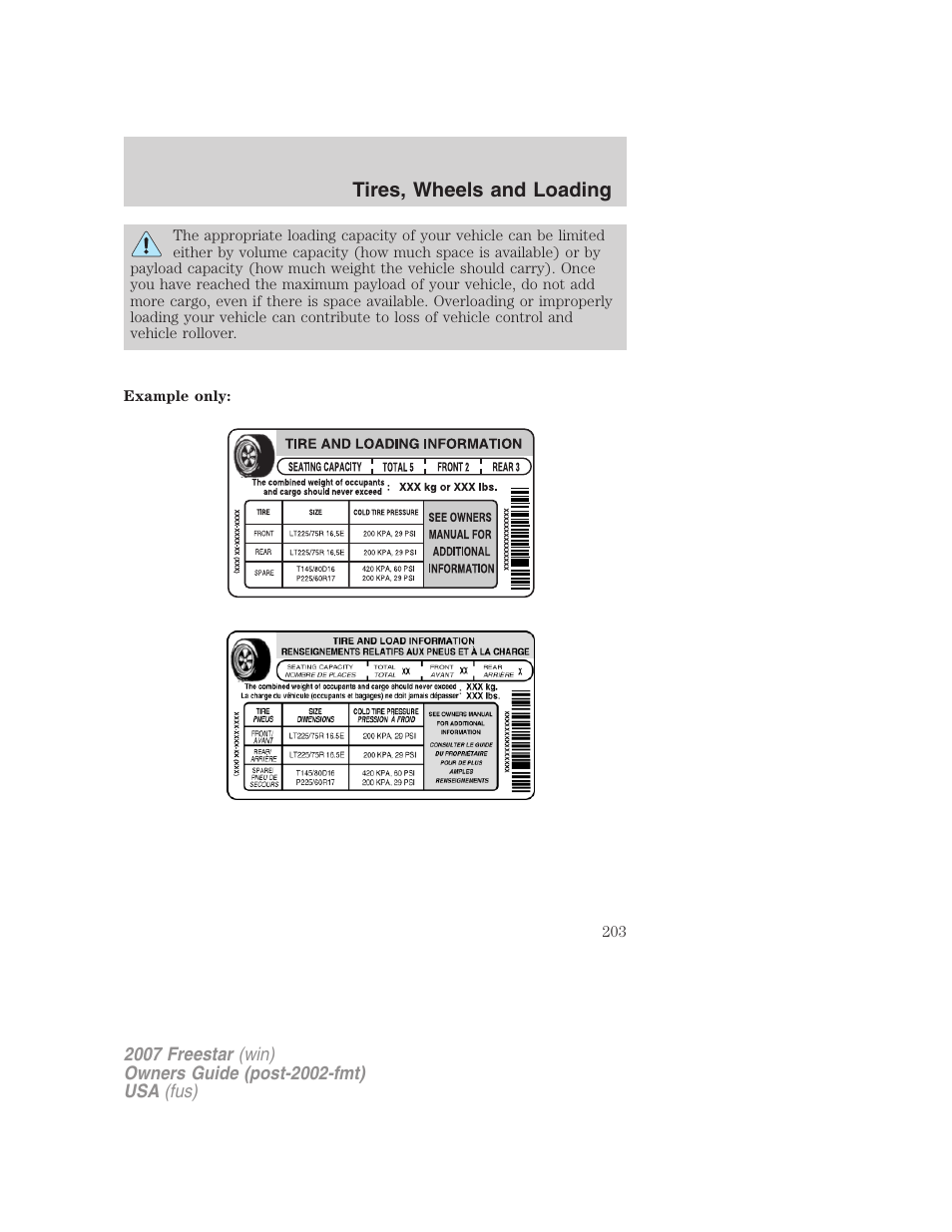 Tires, wheels and loading | FORD 2007 Freestar v.2 User Manual | Page 203 / 320