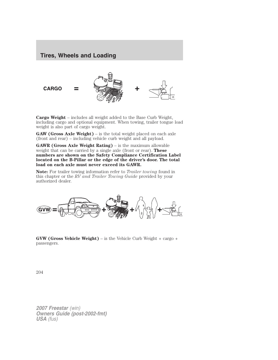 Tires, wheels and loading | FORD 2007 Freestar v.2 User Manual | Page 204 / 320