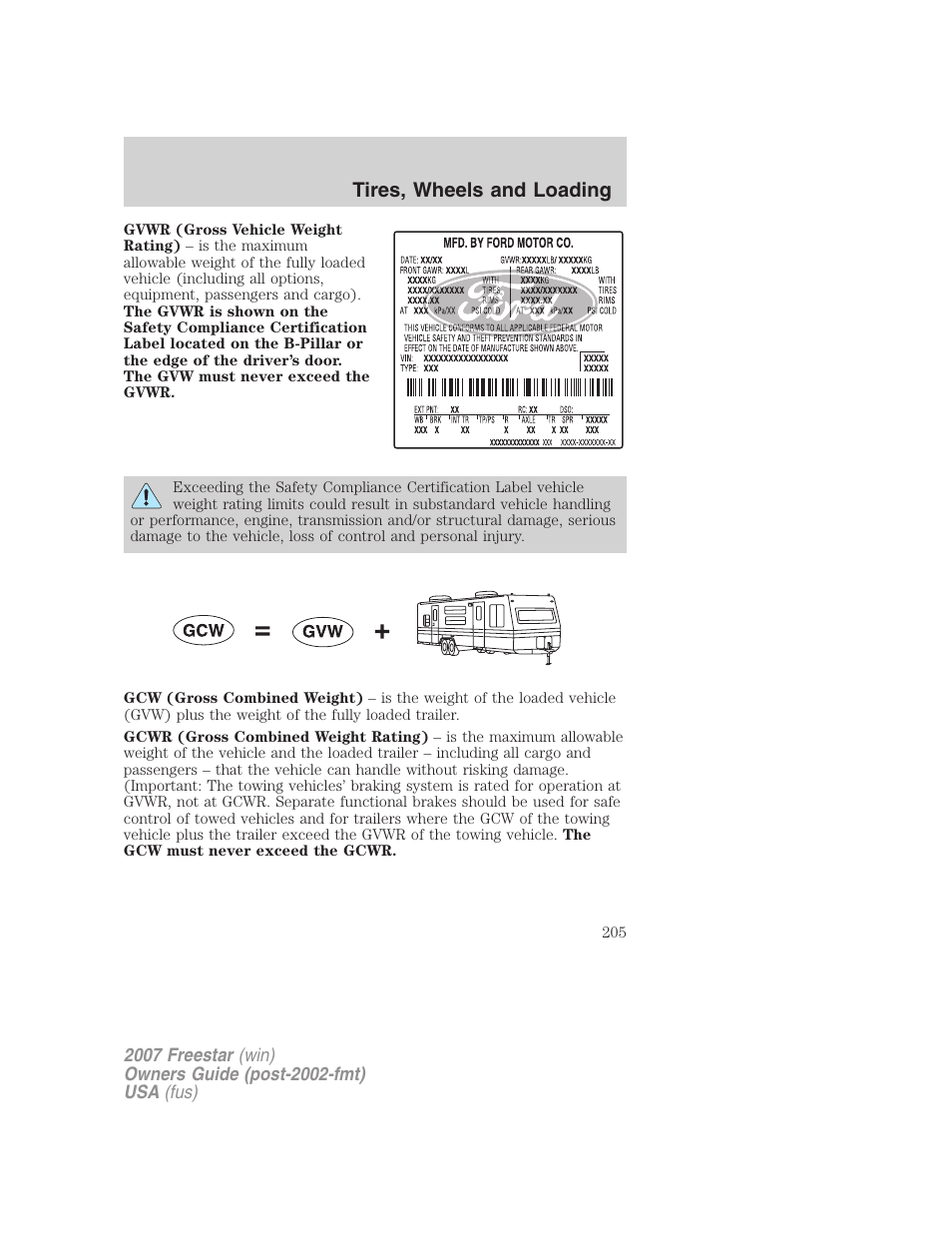 Tires, wheels and loading | FORD 2007 Freestar v.2 User Manual | Page 205 / 320
