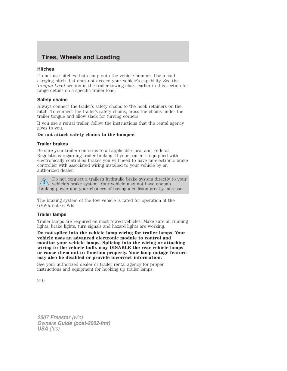 Hitches, Safety chains, Trailer brakes | Trailer lamps, Tires, wheels and loading | FORD 2007 Freestar v.2 User Manual | Page 210 / 320