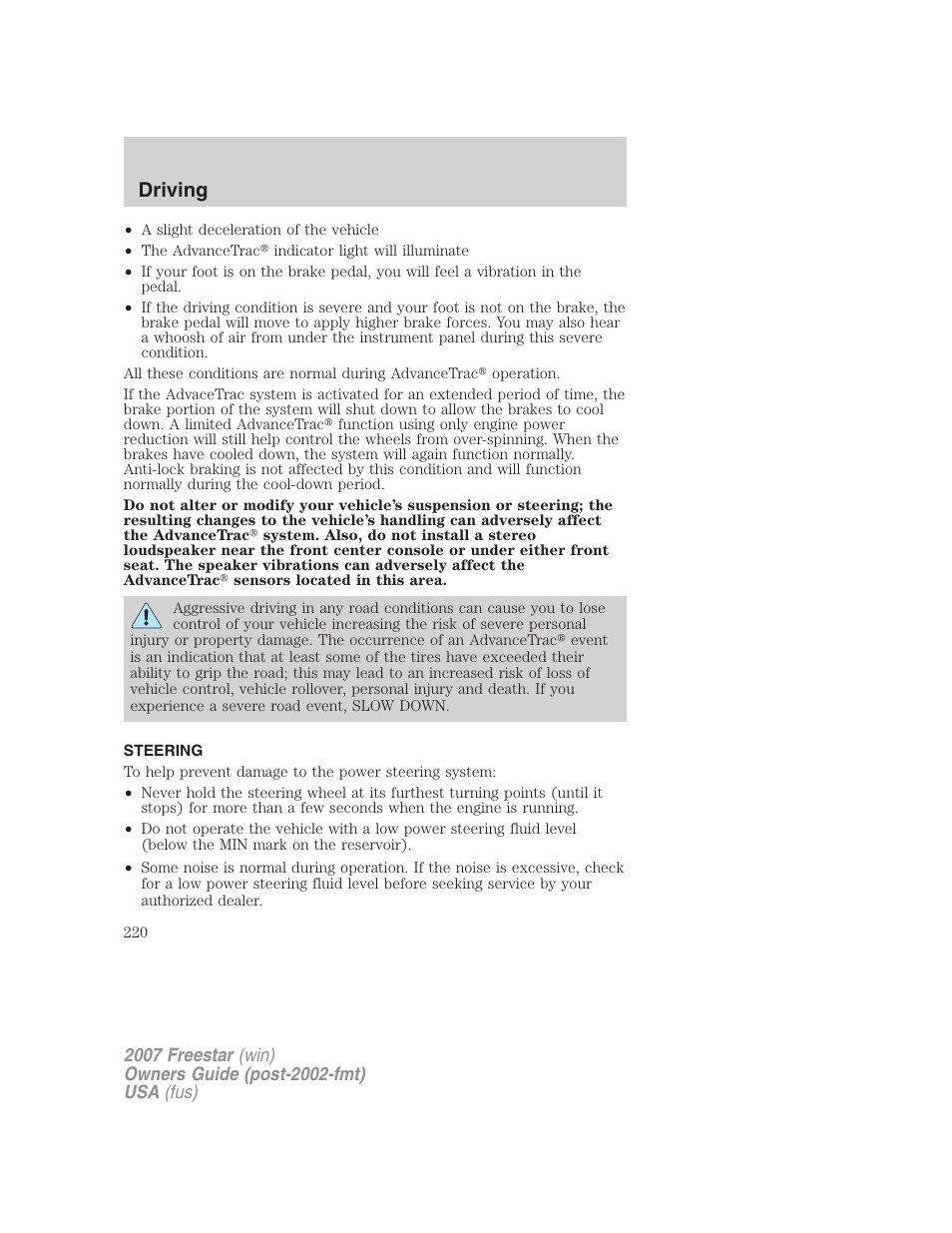 Steering, Driving | FORD 2007 Freestar v.2 User Manual | Page 220 / 320