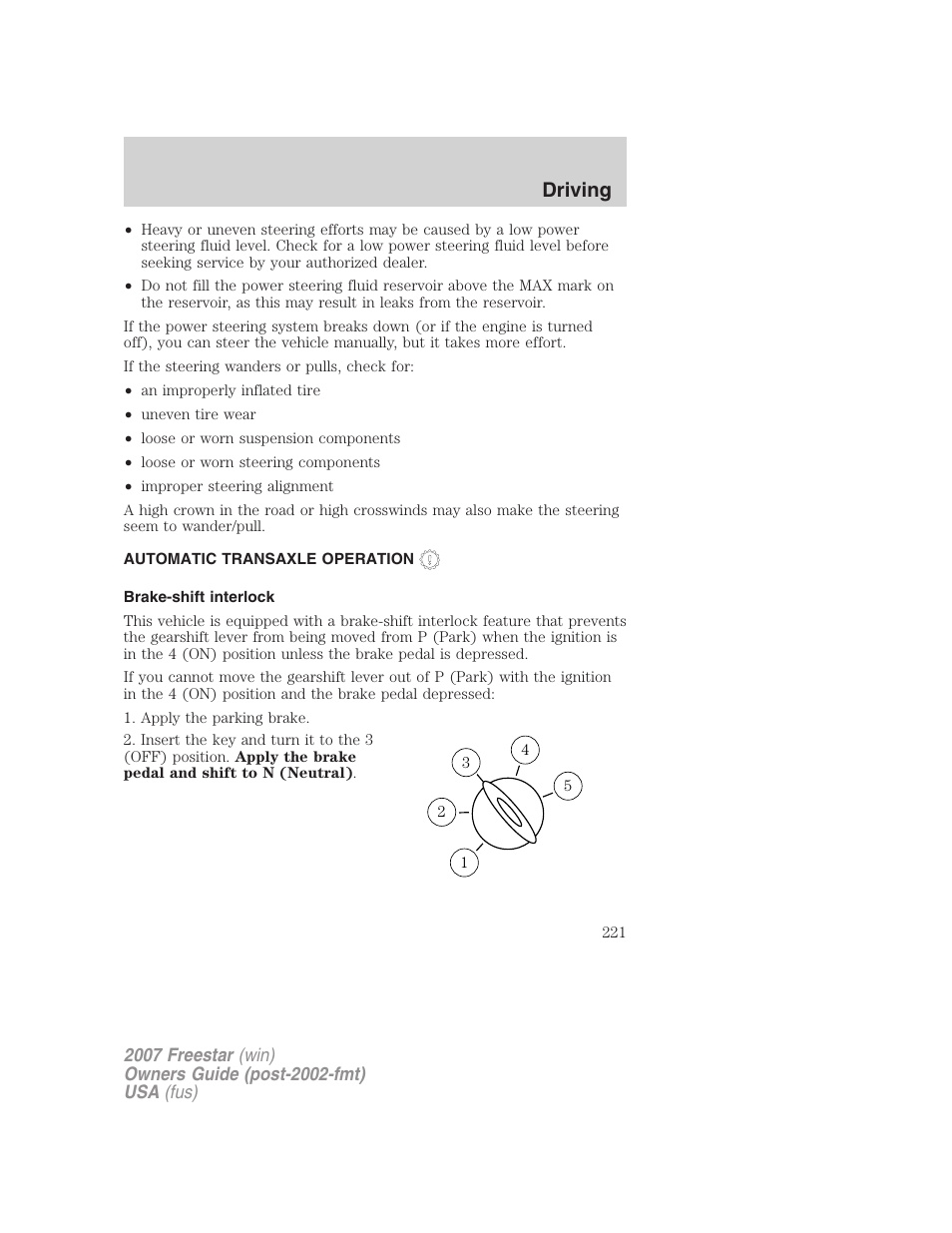 Automatic transaxle operation, Brake-shift interlock, Transmission operation | Driving | FORD 2007 Freestar v.2 User Manual | Page 221 / 320