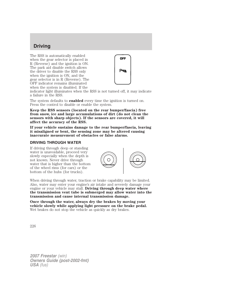Driving through water, Driving | FORD 2007 Freestar v.2 User Manual | Page 226 / 320