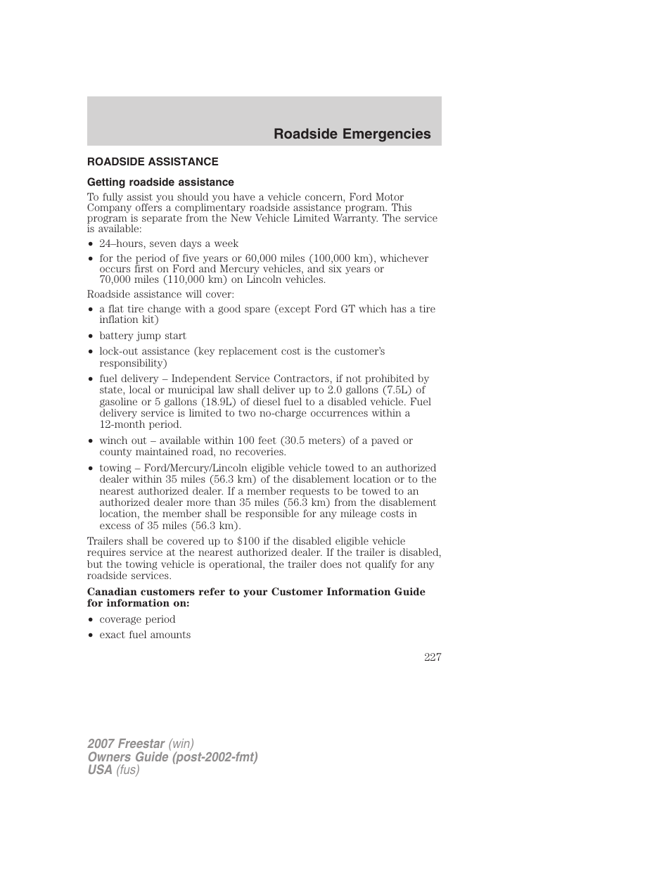 Roadside emergencies, Roadside assistance, Getting roadside assistance | FORD 2007 Freestar v.2 User Manual | Page 227 / 320