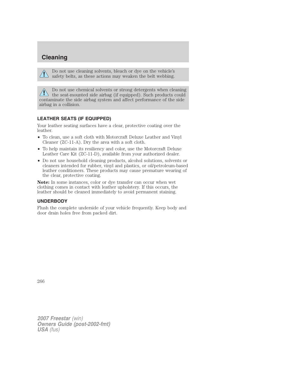 Leather seats (if equipped), Underbody, Cleaning | FORD 2007 Freestar v.2 User Manual | Page 266 / 320