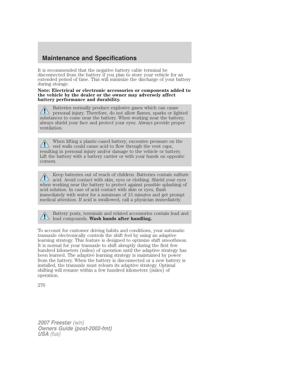 Maintenance and specifications | FORD 2007 Freestar v.2 User Manual | Page 276 / 320