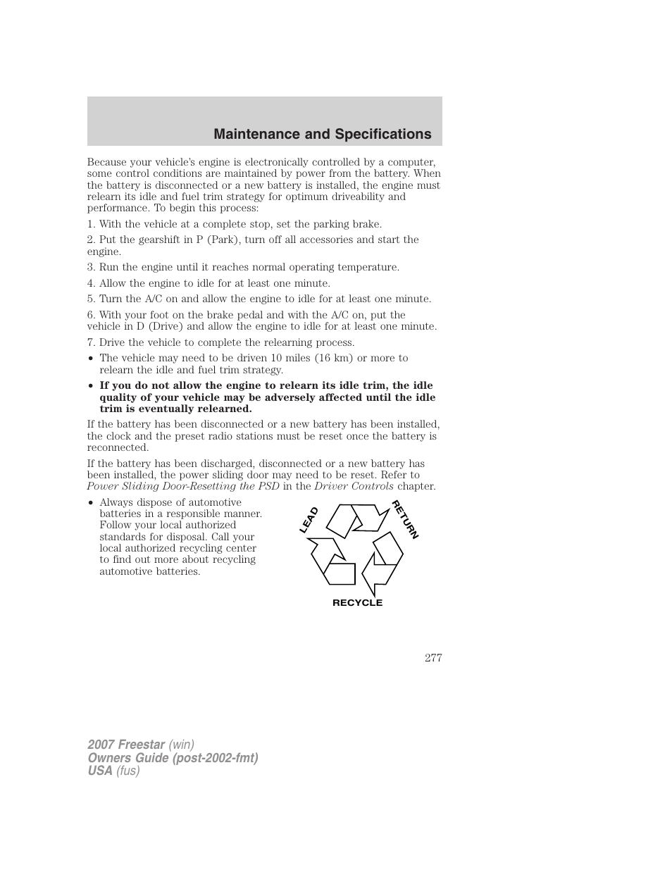 Maintenance and specifications | FORD 2007 Freestar v.2 User Manual | Page 277 / 320