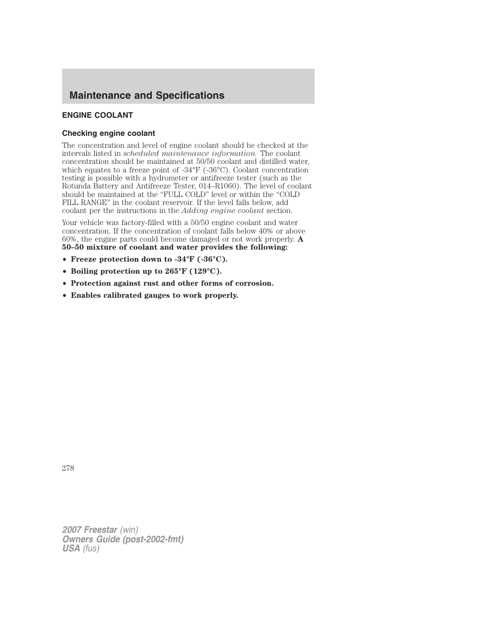 Engine coolant, Checking engine coolant, Maintenance and specifications | FORD 2007 Freestar v.2 User Manual | Page 278 / 320